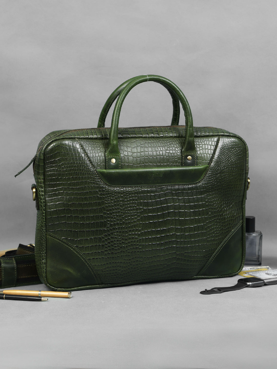 Premium Genuine Leather Messenger Bag in Croco Texture with Zip Closure