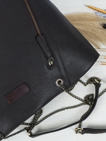 Brown Leather Tote Bag | Stylish and Spacious Handbag with Chain Handles