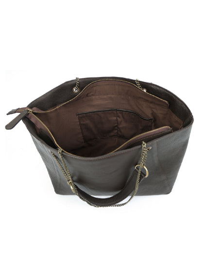 Brown Leather Tote Bag | Stylish and Spacious Handbag with Chain Handles