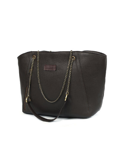 Brown Leather Tote Bag | Stylish and Spacious Handbag with Chain Handles