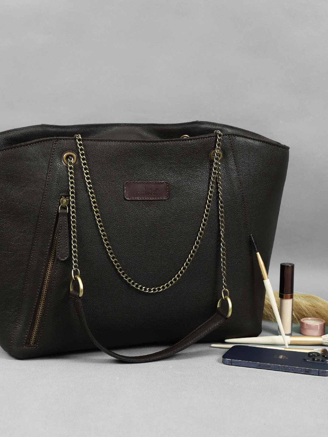 Brown Leather Tote Bag | Stylish and Spacious Handbag with Chain Handles