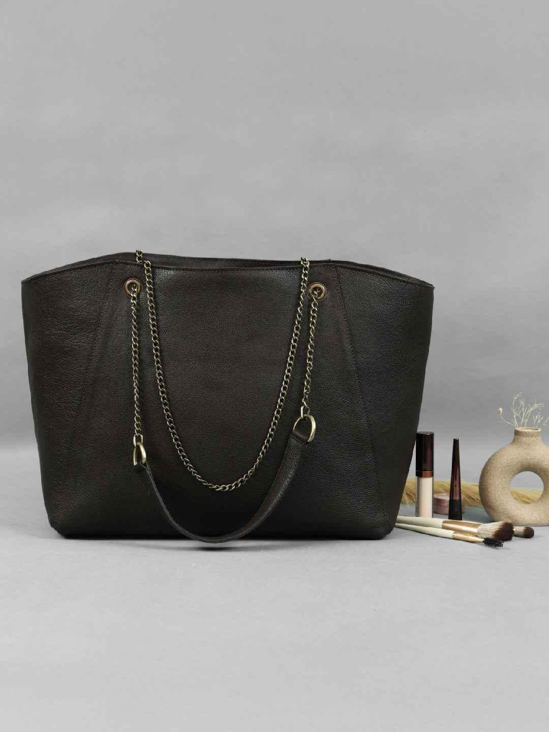 Brown Leather Tote Bag | Stylish and Spacious Handbag with Chain Handles