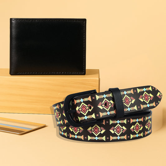 Black Printed Belt with Matte Buckle & Leather Wallet Gift Combo