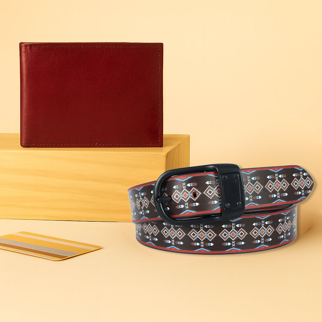 Leather Wallet & Printed Belt Combo – Premium Gift Set for Men