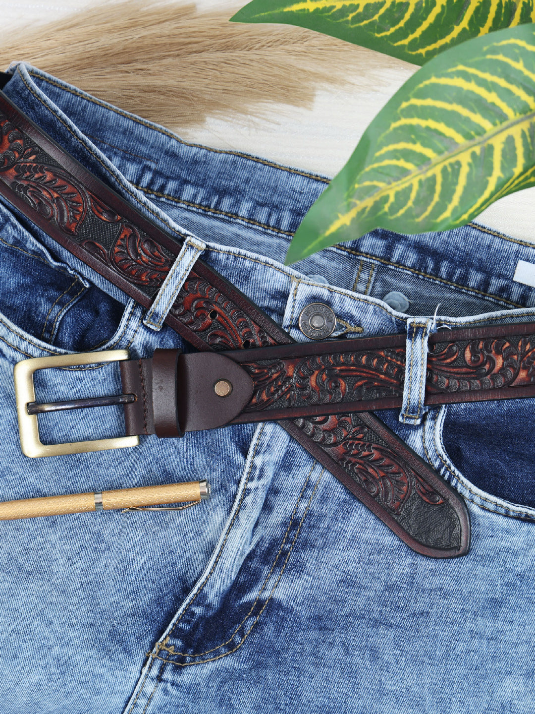 Handcrafted Brown Leather Western Belt with Brass Buckle ’?????? Embossed Vintage Floral Design for Men