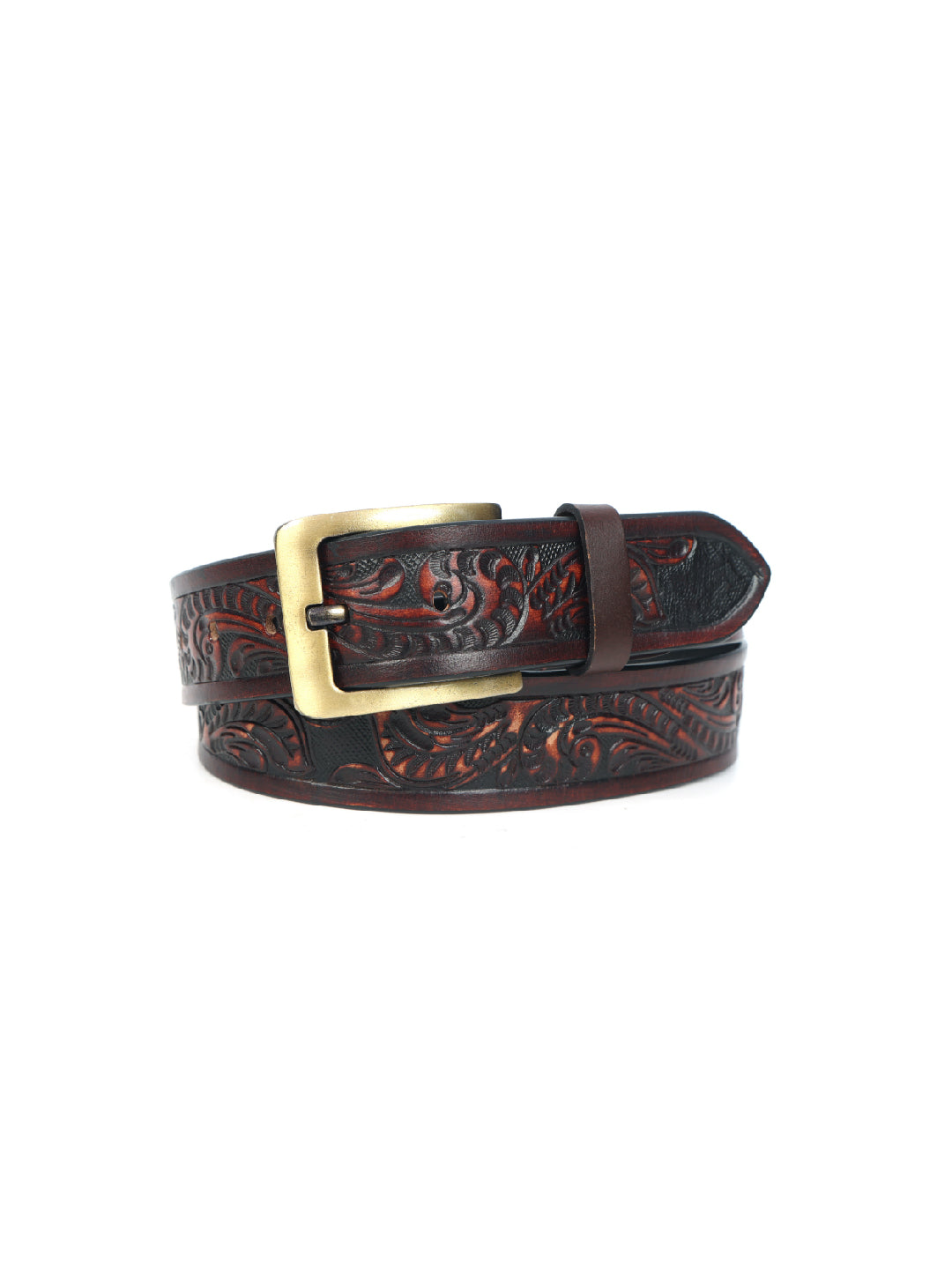 Handcrafted Brown Leather Western Belt with Brass Buckle ’?????? Embossed Vintage Floral Design for Men