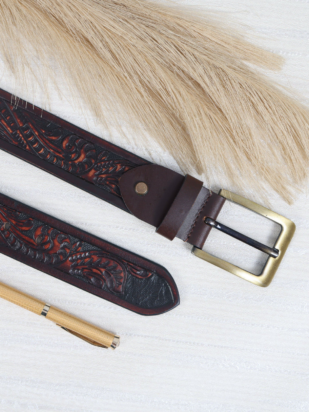 Handcrafted Brown Leather Western Belt with Brass Buckle ’?????? Embossed Vintage Floral Design for Men