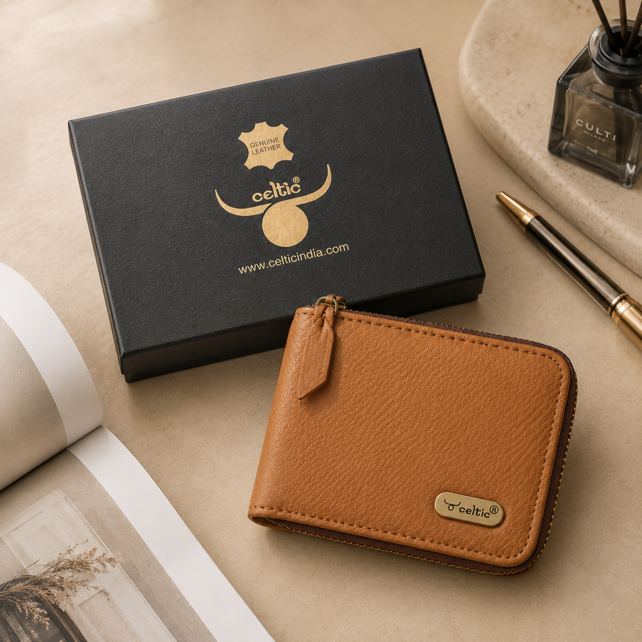 Premium Genuine Leather Zip-Around Compact Wallet