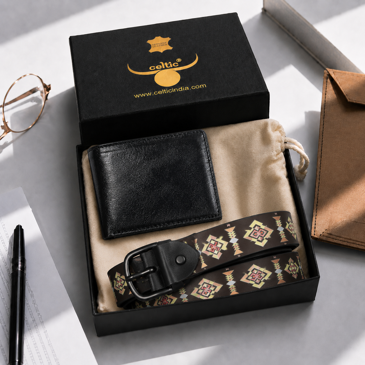 Black Printed Belt with Matte Buckle & Leather Wallet Gift Combo