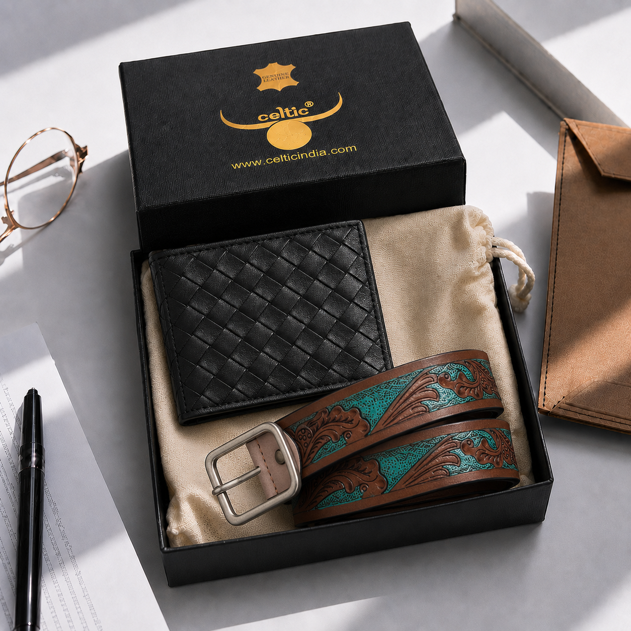 Carved Belt & Braided Wallet Combo