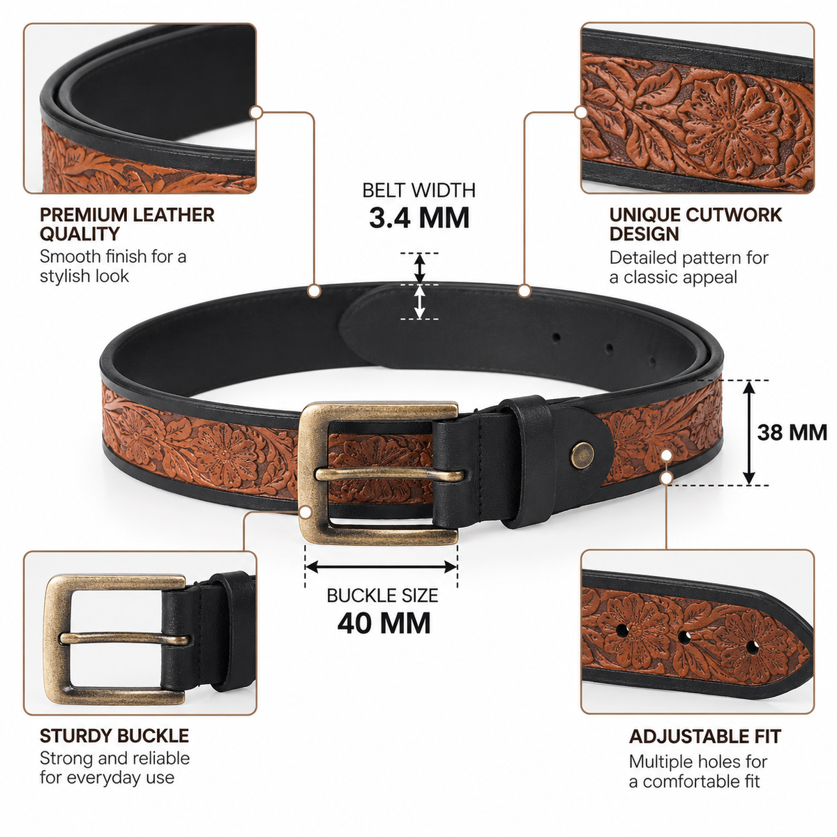 Unisex Genuine Leather Embossed Floral Brown Waist Accessory Antique Metal Buckle