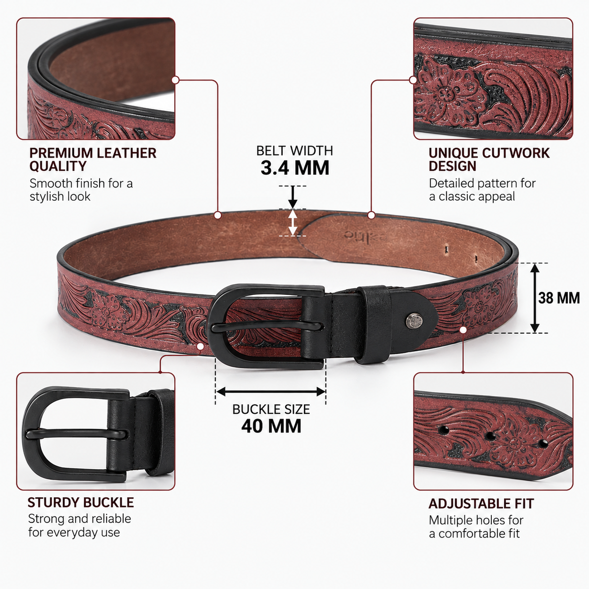 Men Genuine Leather Embossed Floral Brown Waistwear Matte Black Buckle