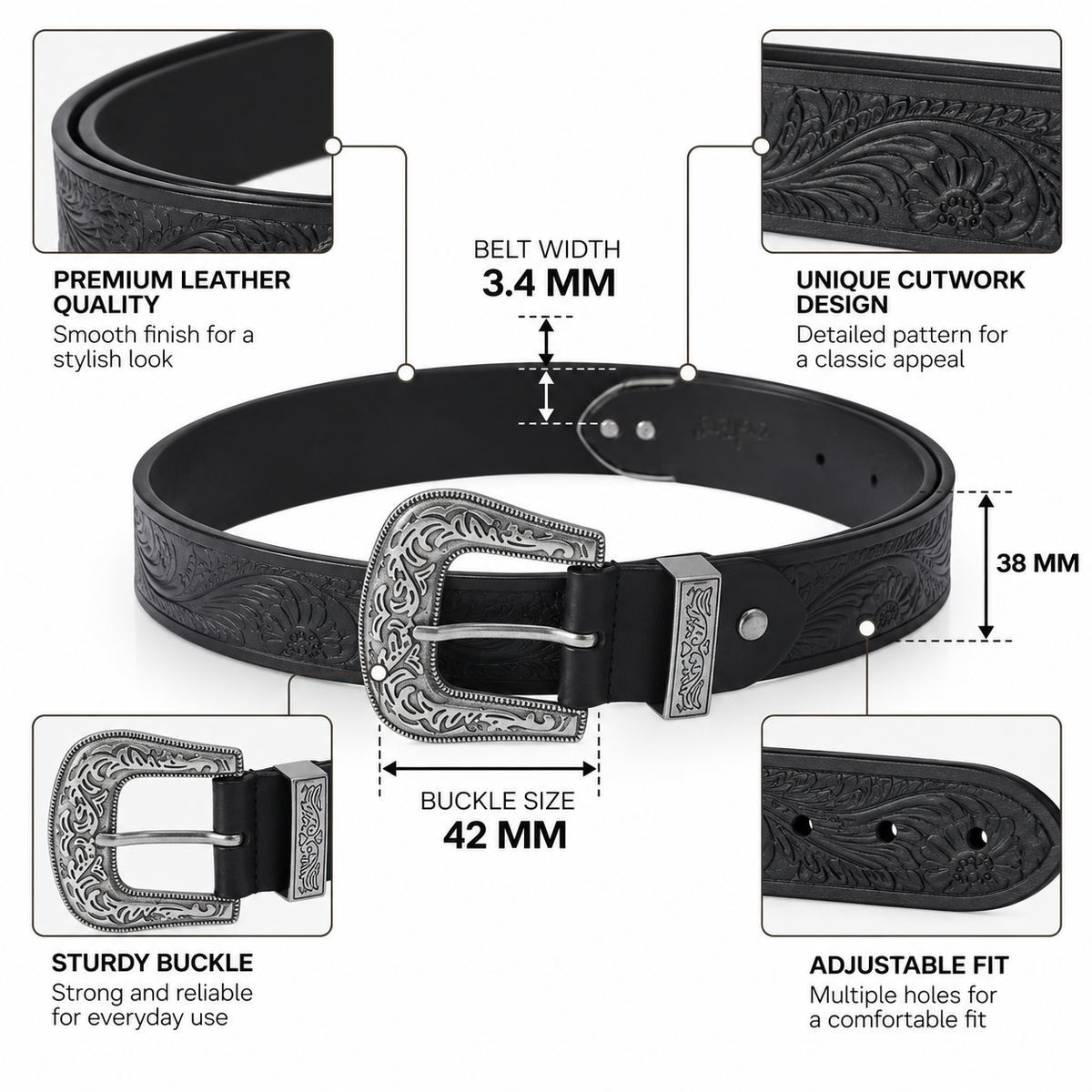 Genuine Leather Embossed  Western Waist Accessory Ornate Buckle Tip