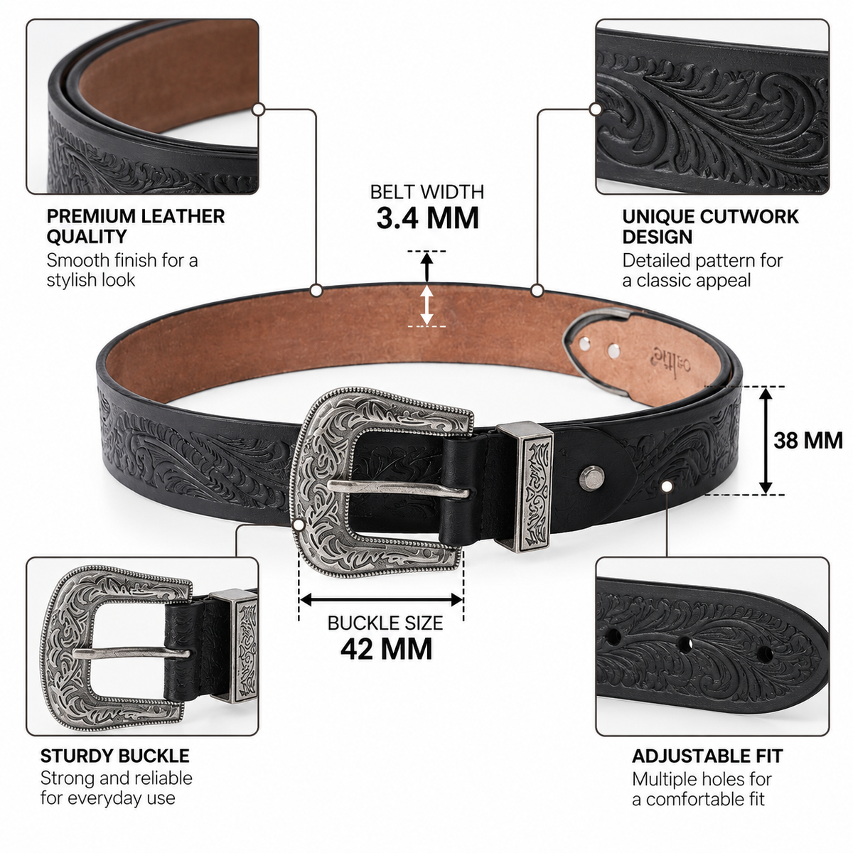 Unisex Genuine Leather Embossed Black Western Waist Accessory Silver Buckle