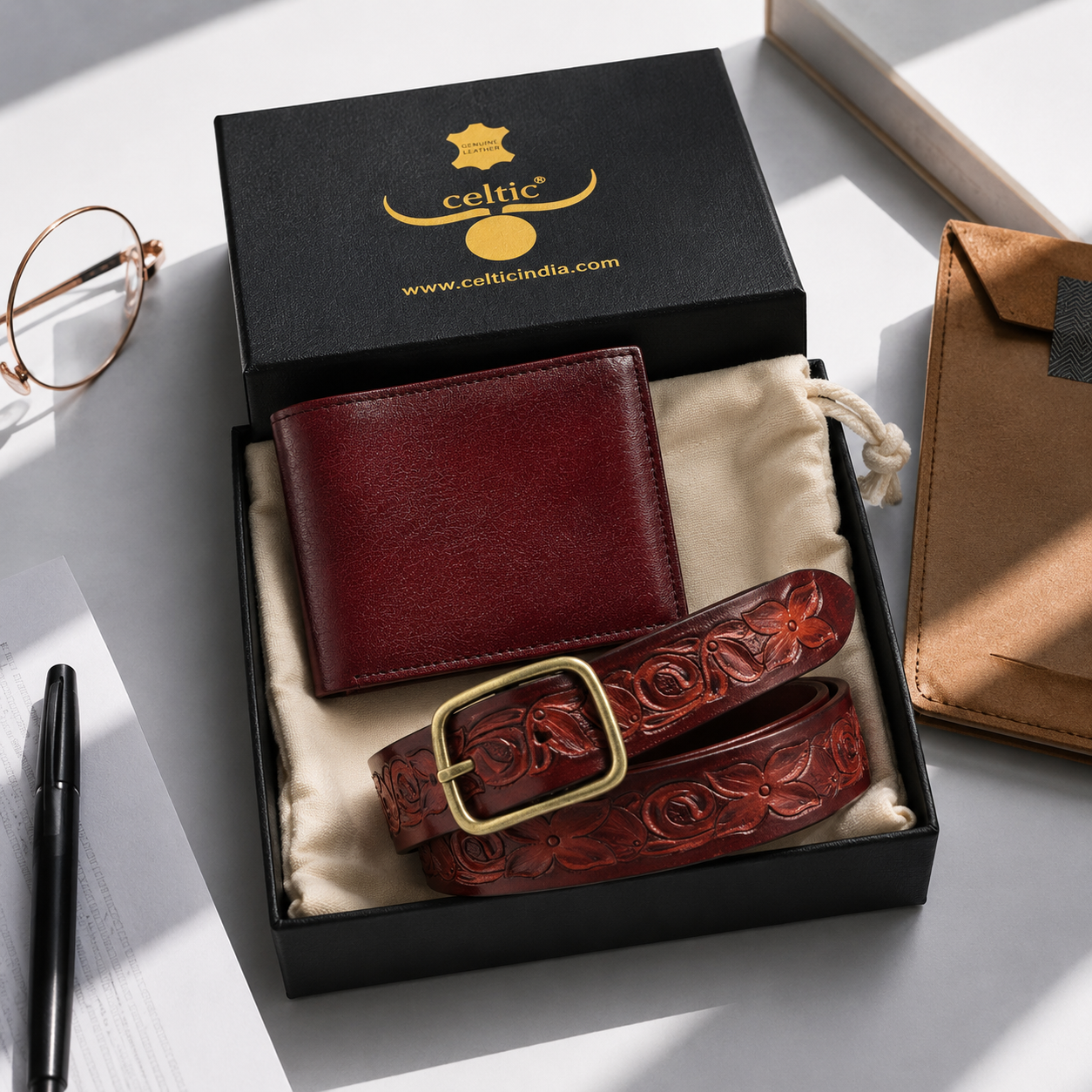 Premium Handcrafted Leather Belt & Wallet Combo for Men | Embossed Floral Designer Gift Set