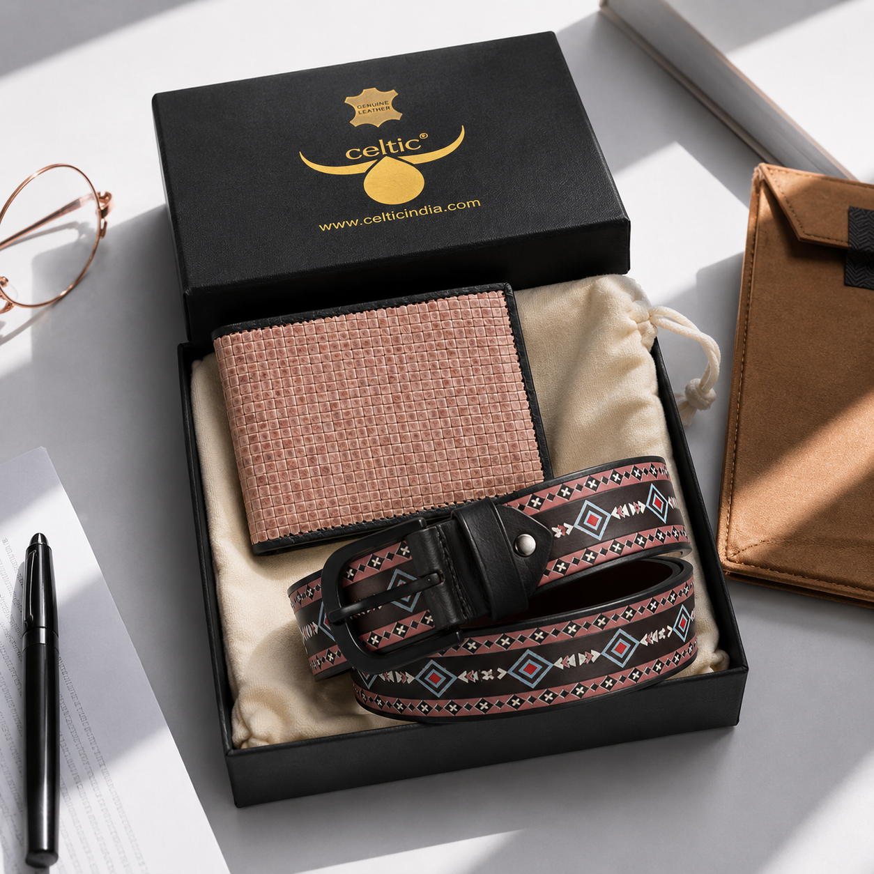 Premium Printed Leather Belt & Textured Wallet Combo for Men | Designer Casual Gift Set