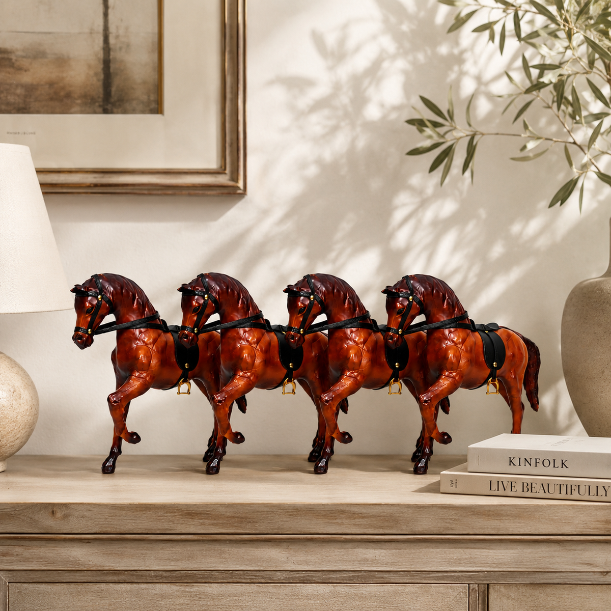 Celtic Handcrafted Leather Set of 4 Horses Showpiece – Elegant Walking Horse Figurine for Home and Office Decor | Exquisite Animal Sculpture Gift Item