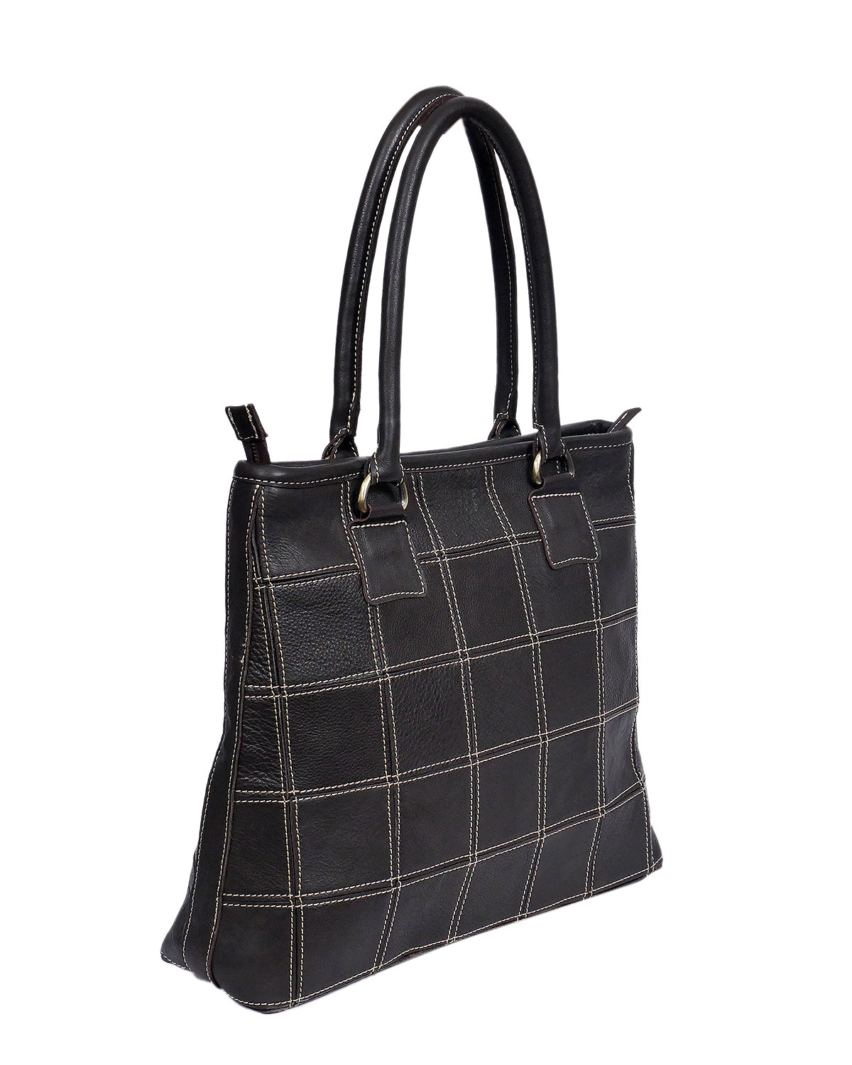 Elevate Your Style with our Black Leather Tote Bag - Classic Elegance with White Stitching. - CELTICINDIA