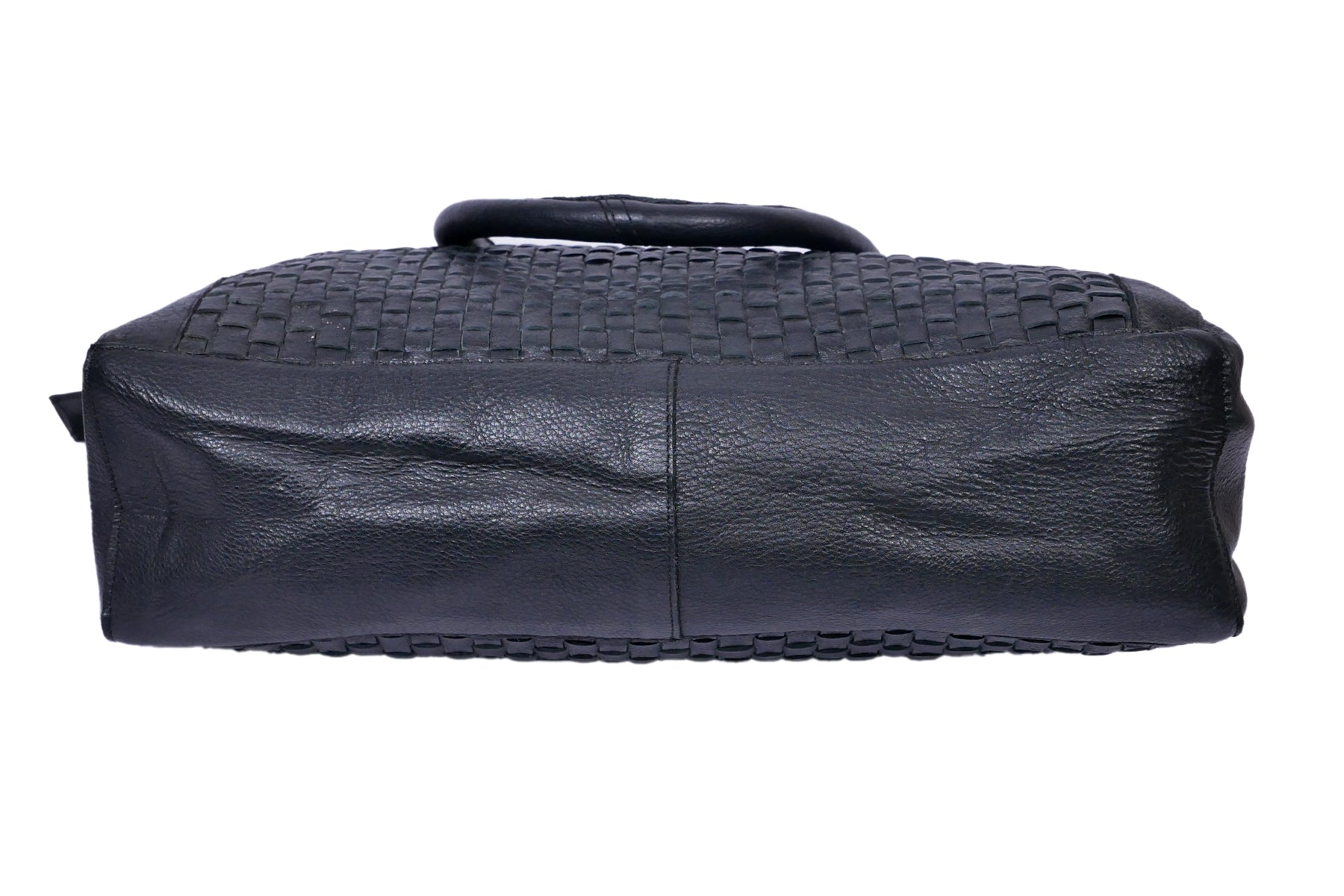 Genuine Leather Tote Bag Black with Woven Front, Zip Closure & Dual Carry Handles