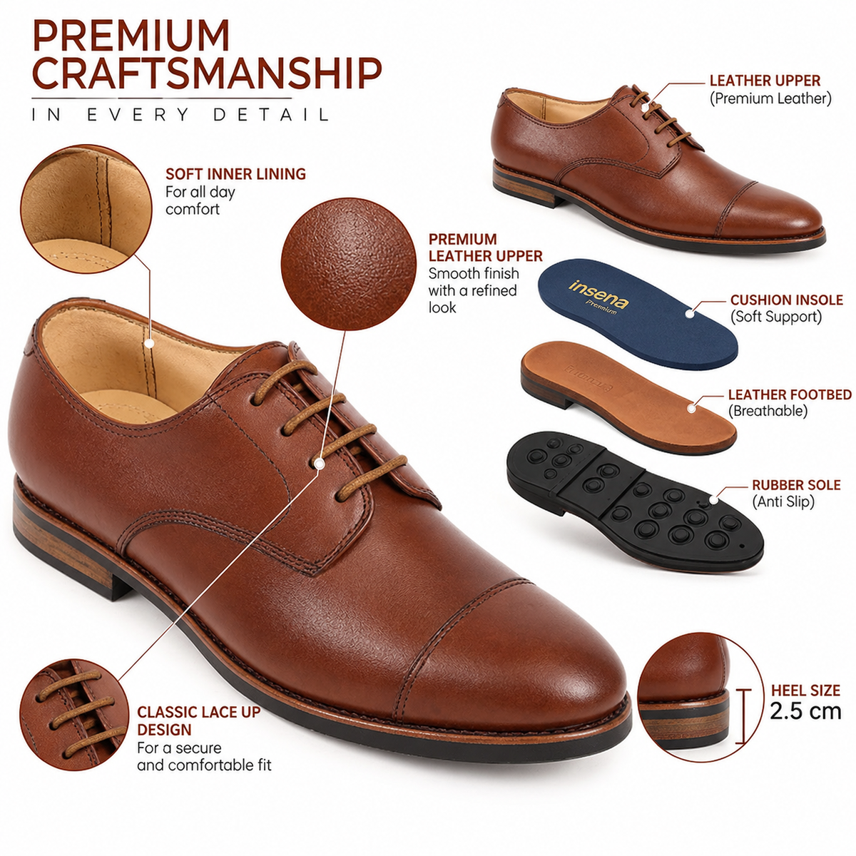 Premium Genuine Leather Cap Toe Lace-Up Formal Shoes | Classic Oxford Style | Office & Business Wear