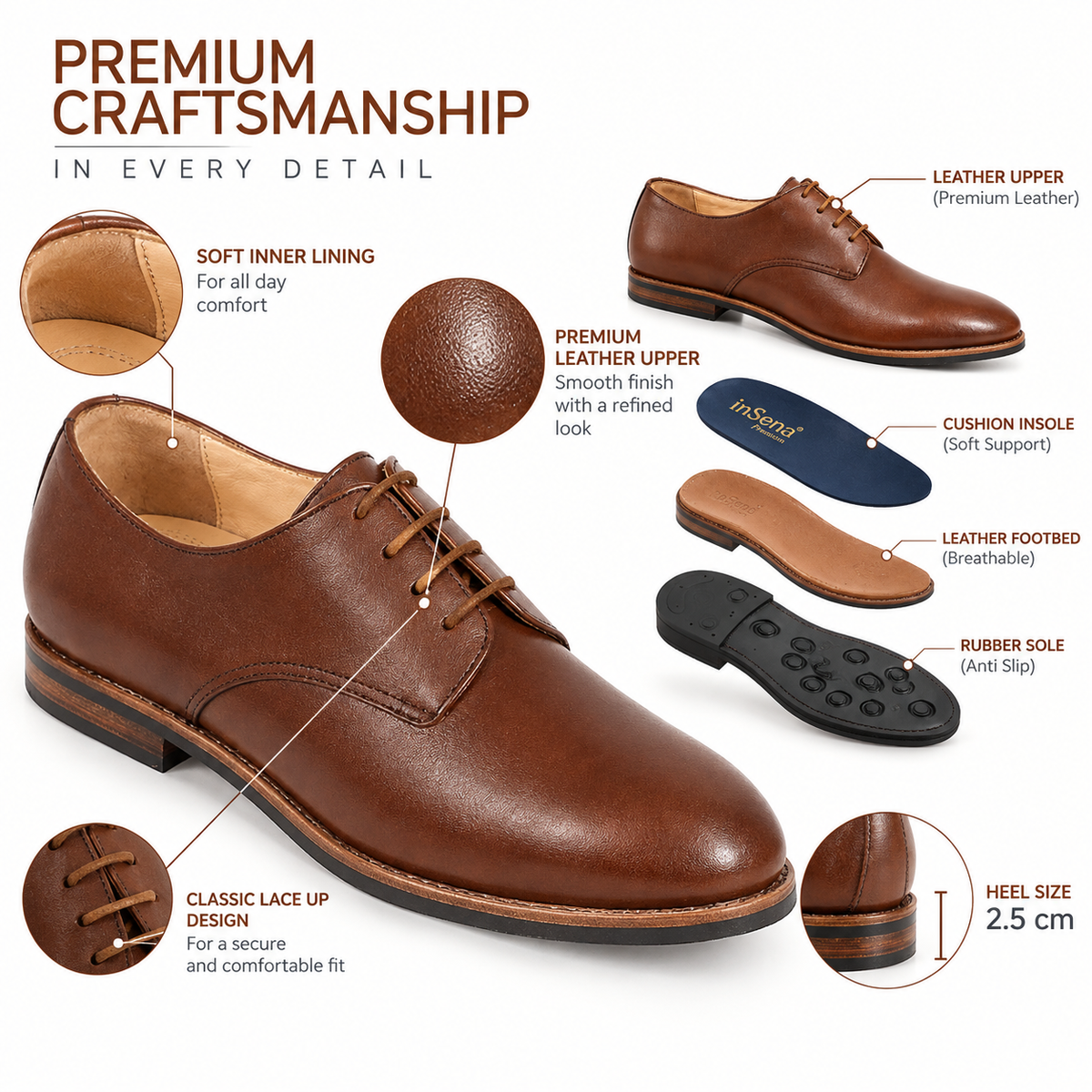 Premium Genuine Leather Classic Lace-Up Formal Shoes | Brown | Elegant Oxford Design | Durable Sole | Office & Occasion Wear