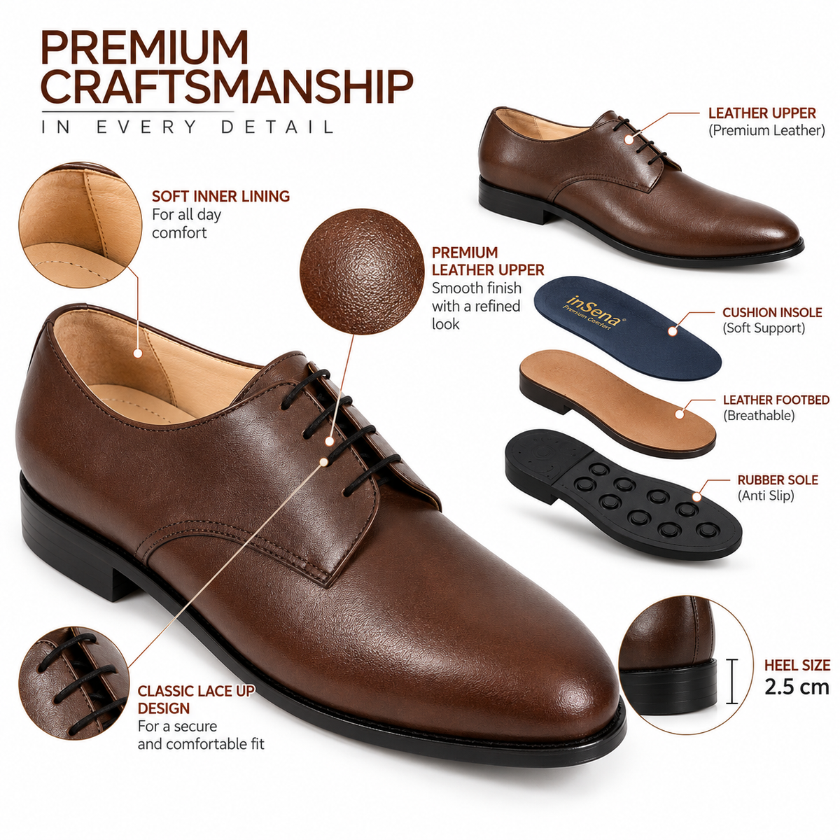 Premium Genuine Leather Classic Lace-Up Formal Shoes | Brown | Elegant Oxford Design | Durable Sole | Office & Occasion Wear