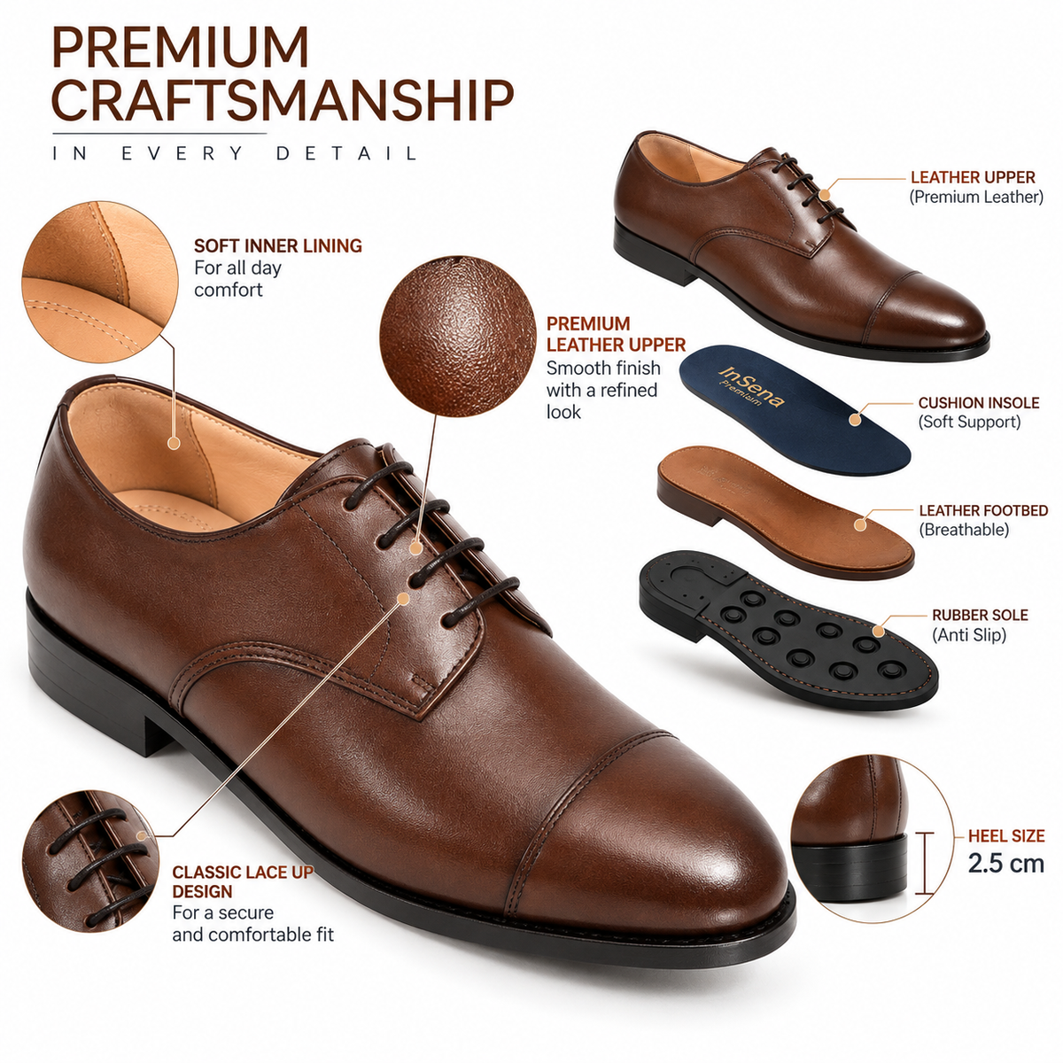 Premium Genuine Leather Cap Toe Lace-Up Formal Shoes | Classic Oxford Style | Office & Business Wear