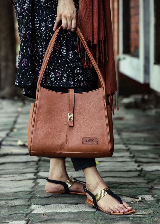 Premium Leather Shoulder Handbag with Lock Closure, Zip Compartments