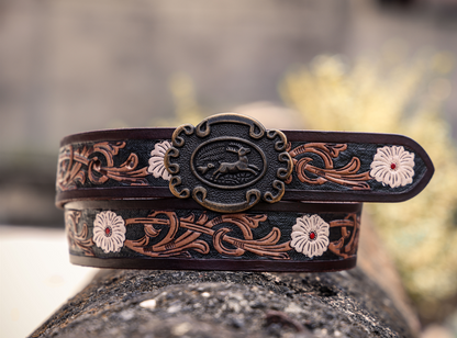 Artisan Brown Leather Tooling Belt: Animal-Inspired Buckle and Floral Accents. - CELTICINDIA