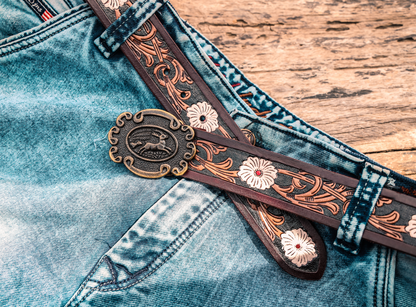 Artisan Brown Leather Tooling Belt: Animal-Inspired Buckle and Floral Accents. - CELTICINDIA