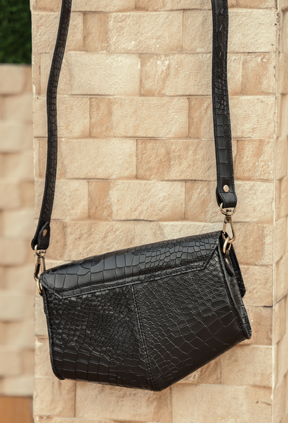 Chic Elegance: Black Deep Croco Leather Crossbody Bag. - CELTICINDIA