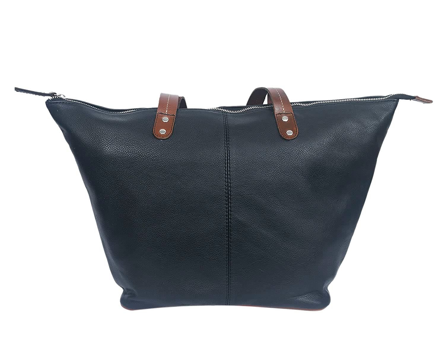 Genuine Leather Black Tote Bag with Minimal Design and Top Zip Closure