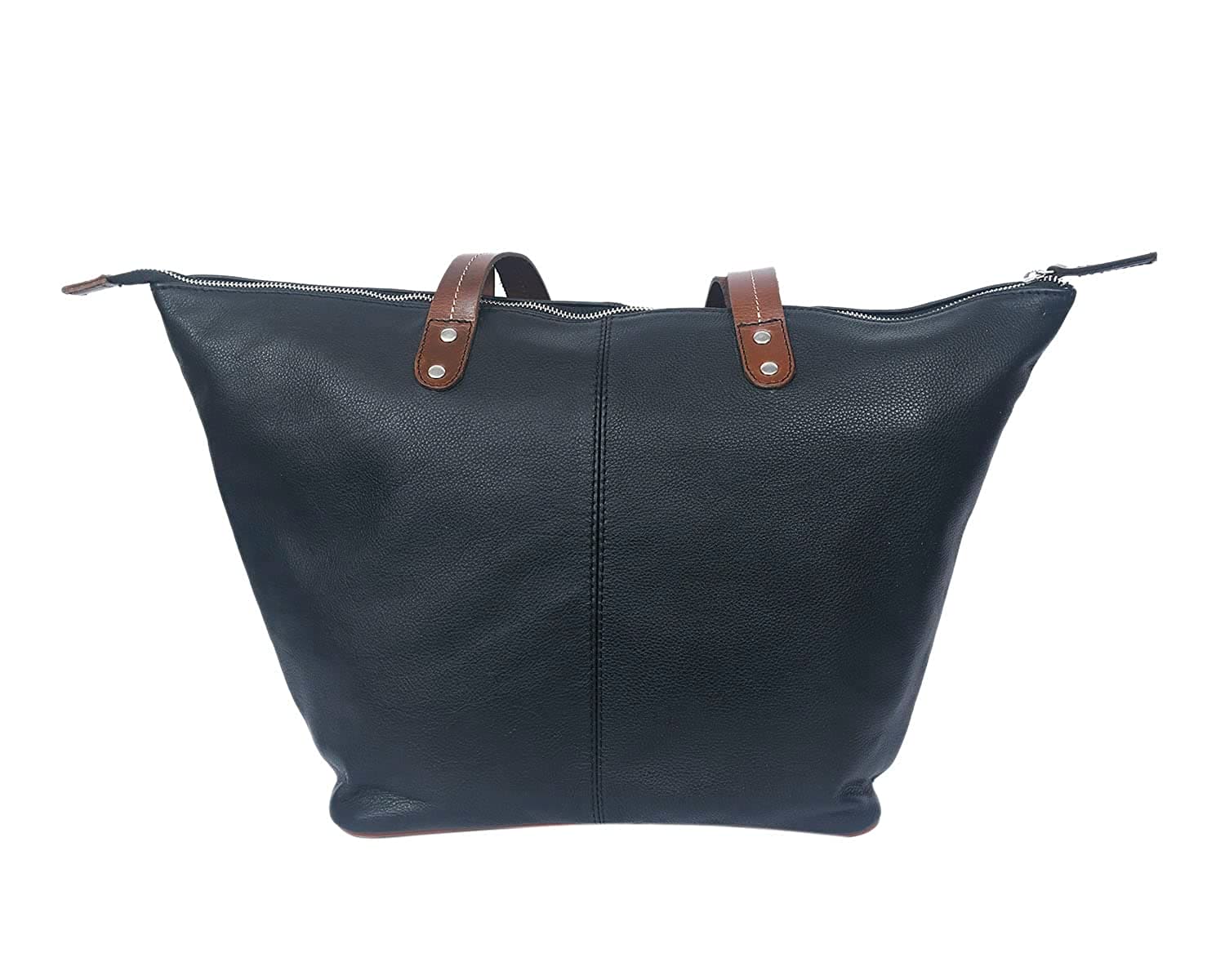 Genuine Leather Black Tote Bag with Minimal Design and Top Zip Closure
