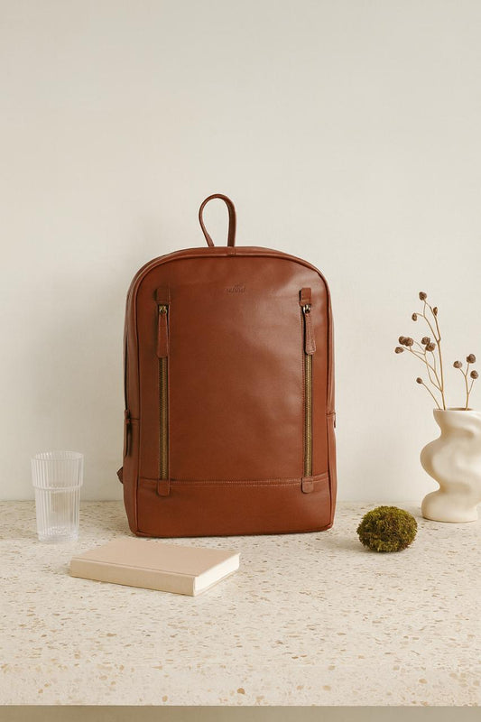 Full-Grain Leather Laptop Backpack with Dual Front Zippers & Padded Interior