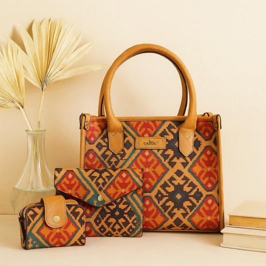 Premium Leather Ethnic 3-Piece Bag Set | Tote, Sling & Clutch