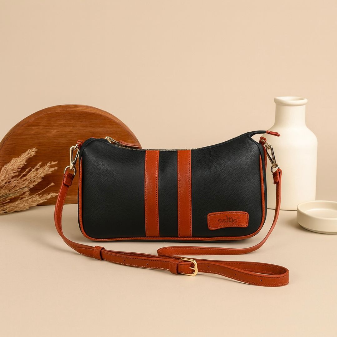 Black & Tan Leather Saddle Sling Bag  Compact Designer Crossbody