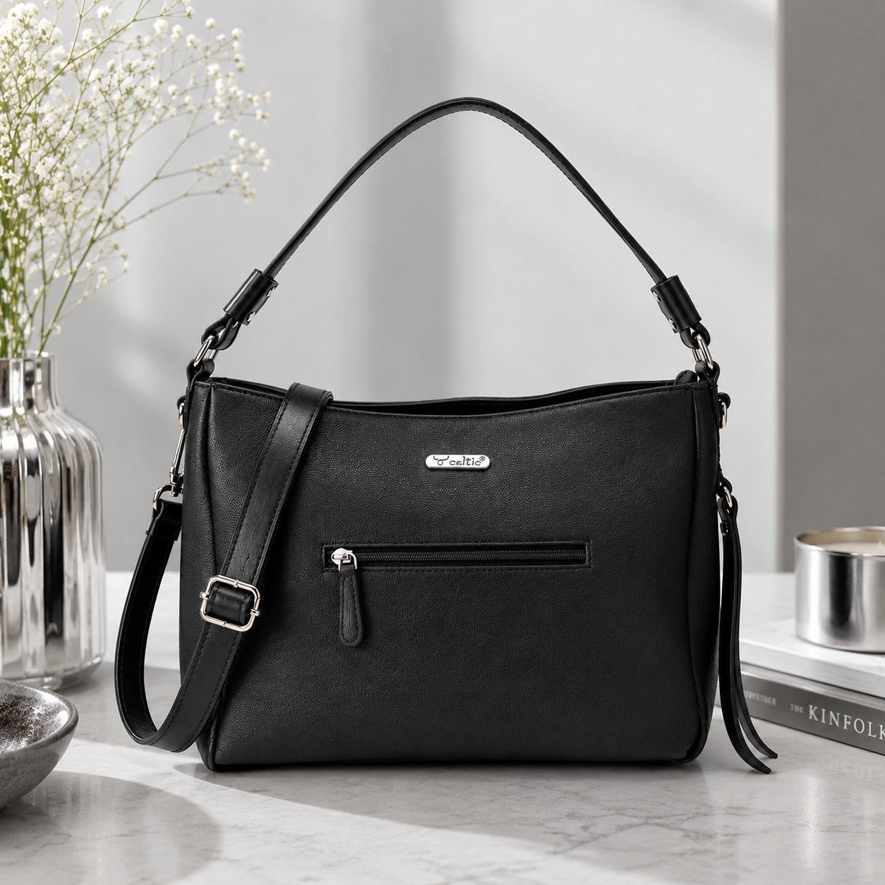 Premium Genuine Leather Black Shoulde tote  Bag with Minimal Silhouette and Zip Closure