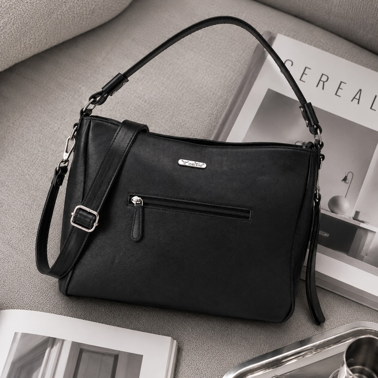 Premium Genuine Leather Black Shoulde tote  Bag with Minimal Silhouette and Zip Closure