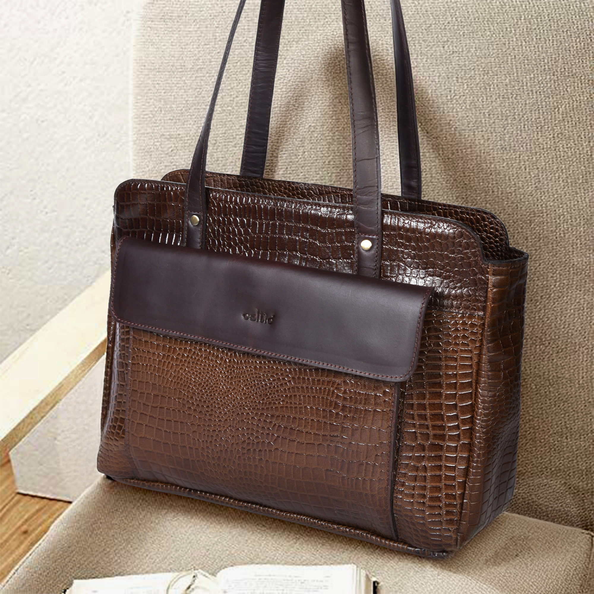 Premium Genuine Croc-Embossed Leather Tote Bag with Zip Compartments & Long Shoulder Straps