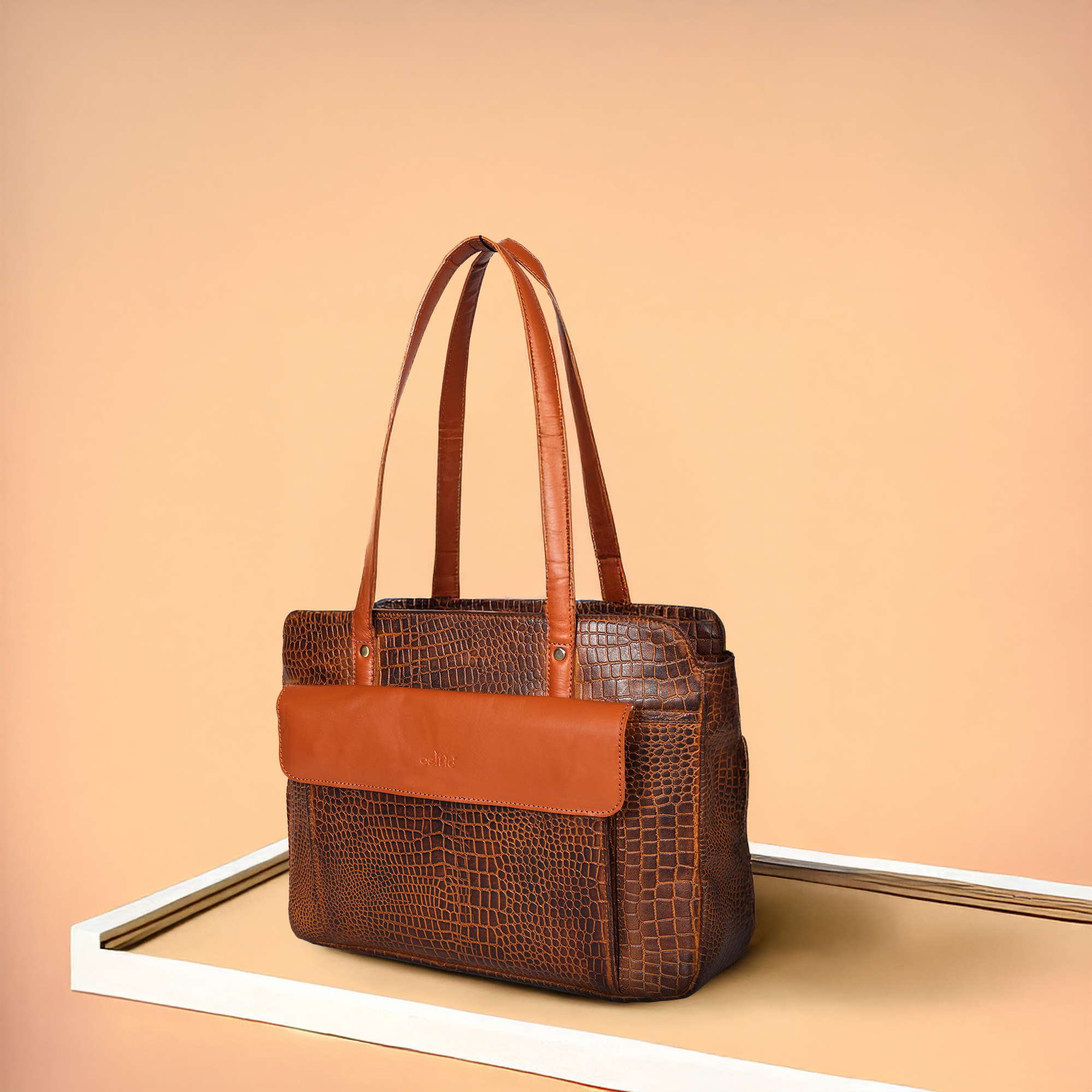 Premium Genuine Croc-Embossed Leather Tote Bag with Zip Compartments & Long Shoulder Straps