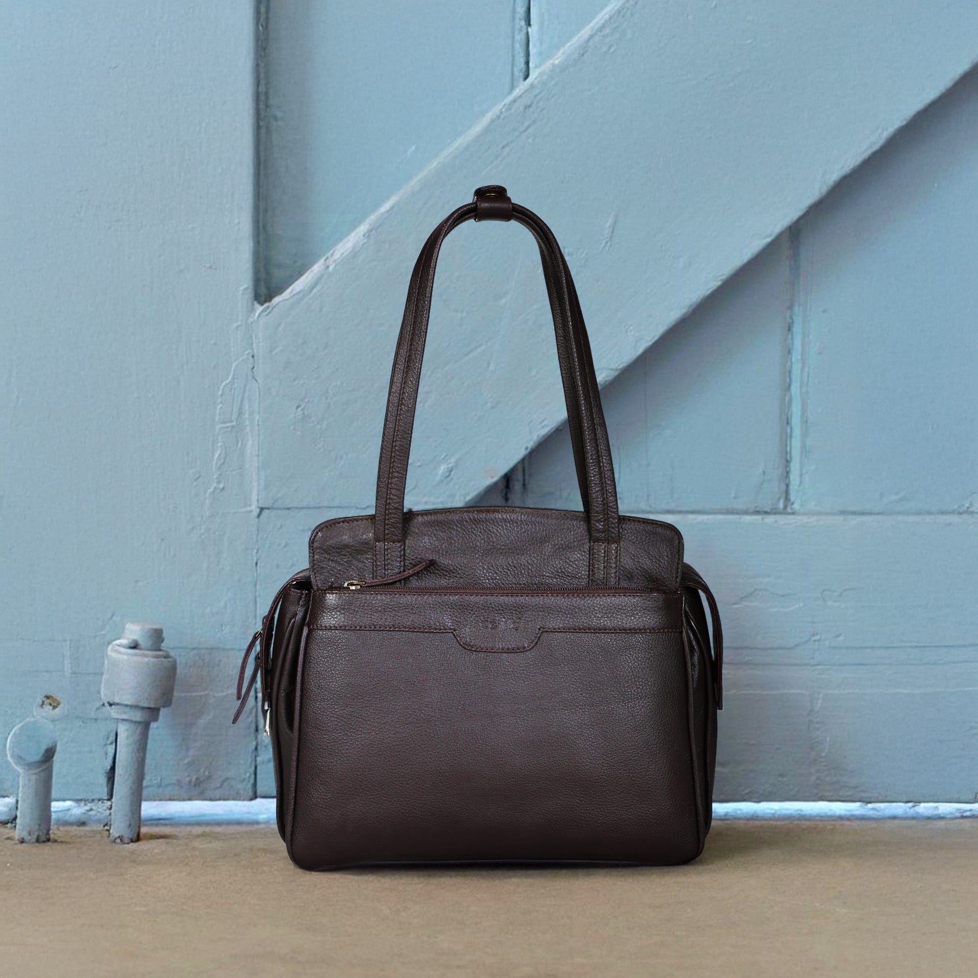 Premium Genuine Leather Structured Shoulder Bag with Dual Zip Compartments & Fixed Straps