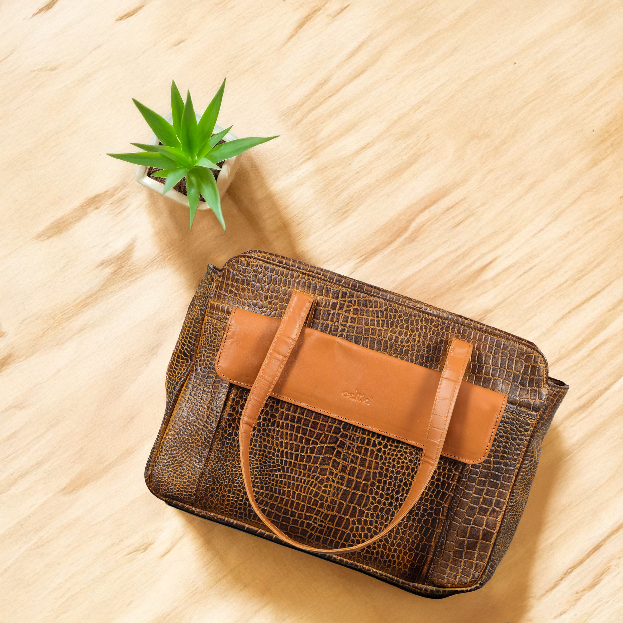 Premium Genuine Croc-Embossed Leather Tote Bag with Zip Compartments & Long Shoulder Straps