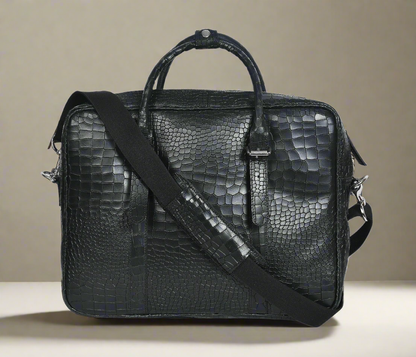 Celtic black color croco texture pure leather laptop bag for office use with holdall and shoulder strap,  Art: BG-1701