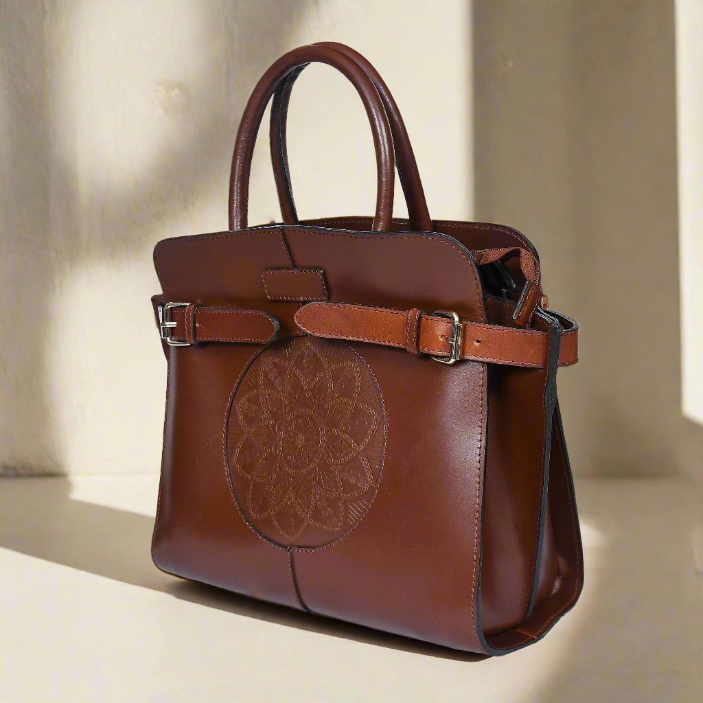 Celtic brown color pure leather Shoulder bag for girls and women with glorious design | Party wear.  Art: BG-1555