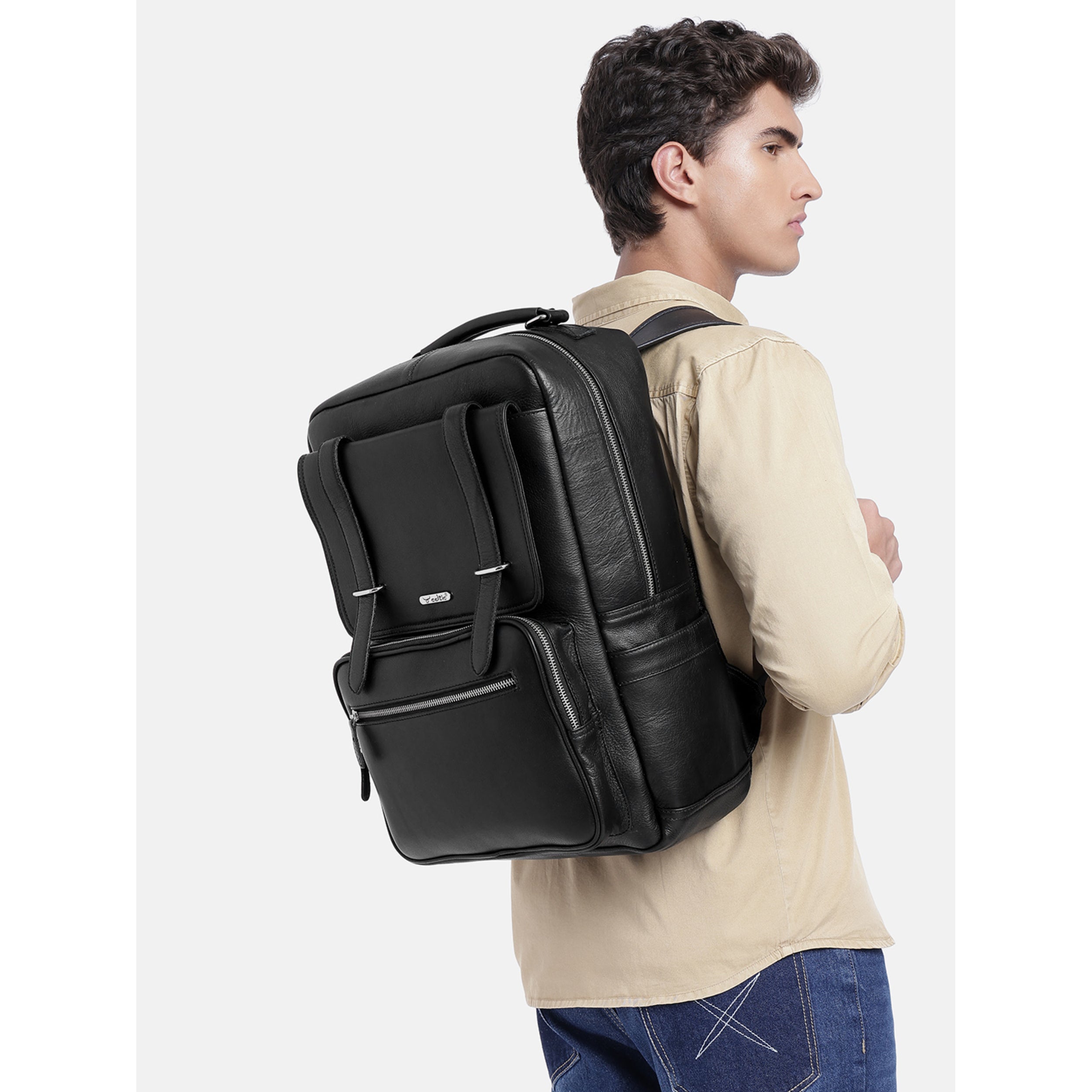 Premium Genuine Leather Laptop Backpack with Multi-Zip Compartments & Top Handle
