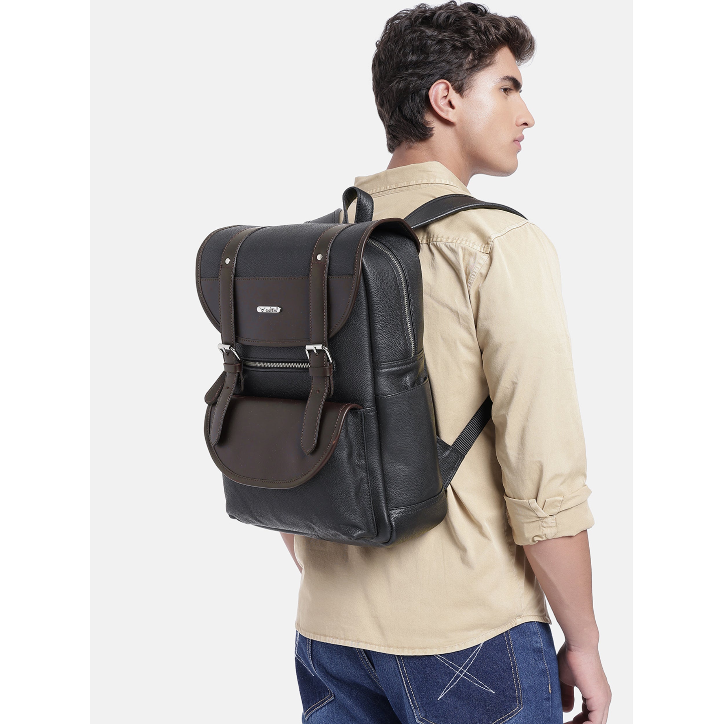 Premium Genuine Leather Laptop Backpack with Dual Buckle Design, Multiple Zip Pockets