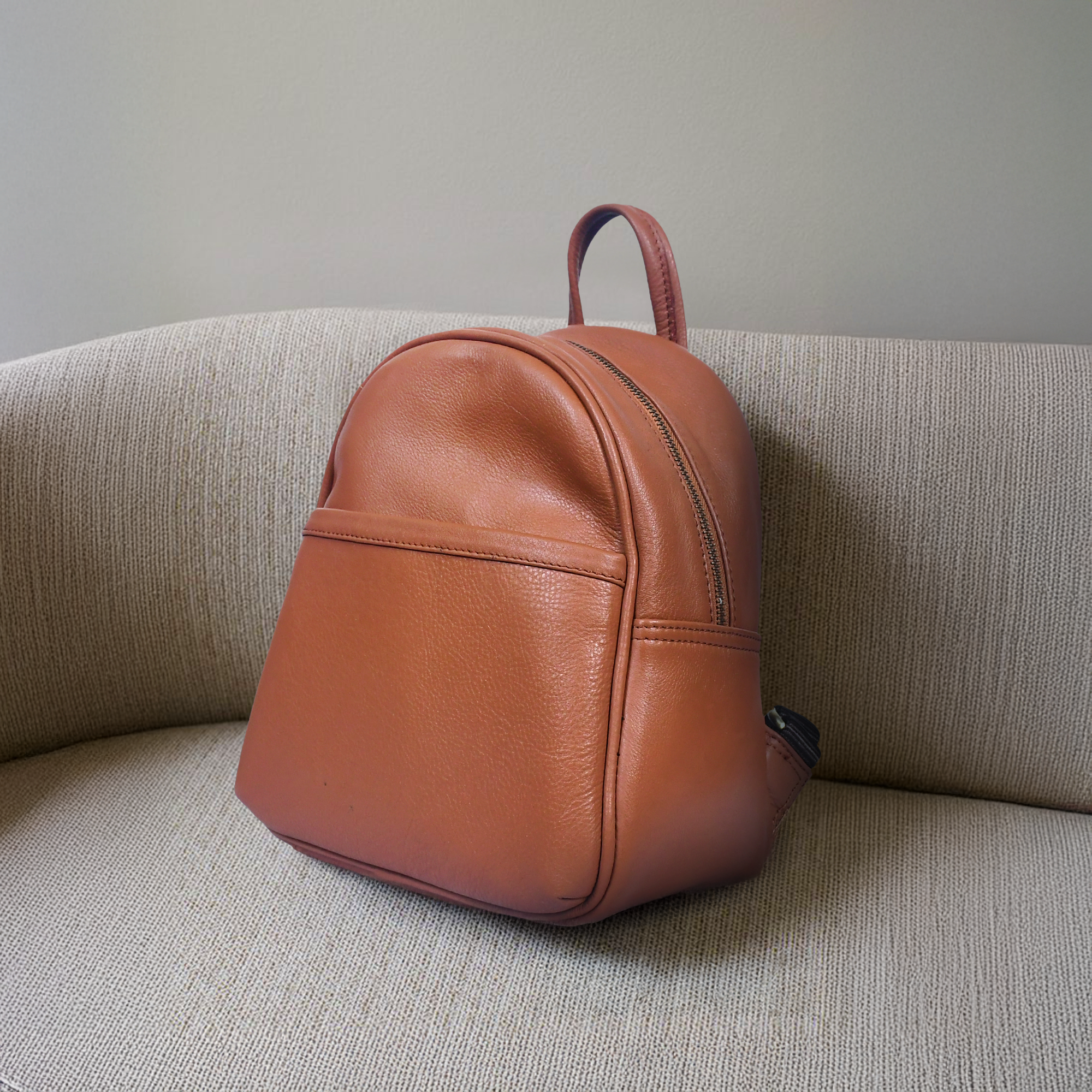 Premium Genuine Leather Backpack with Front Zip Pocket & Adjustable Shoulder Straps