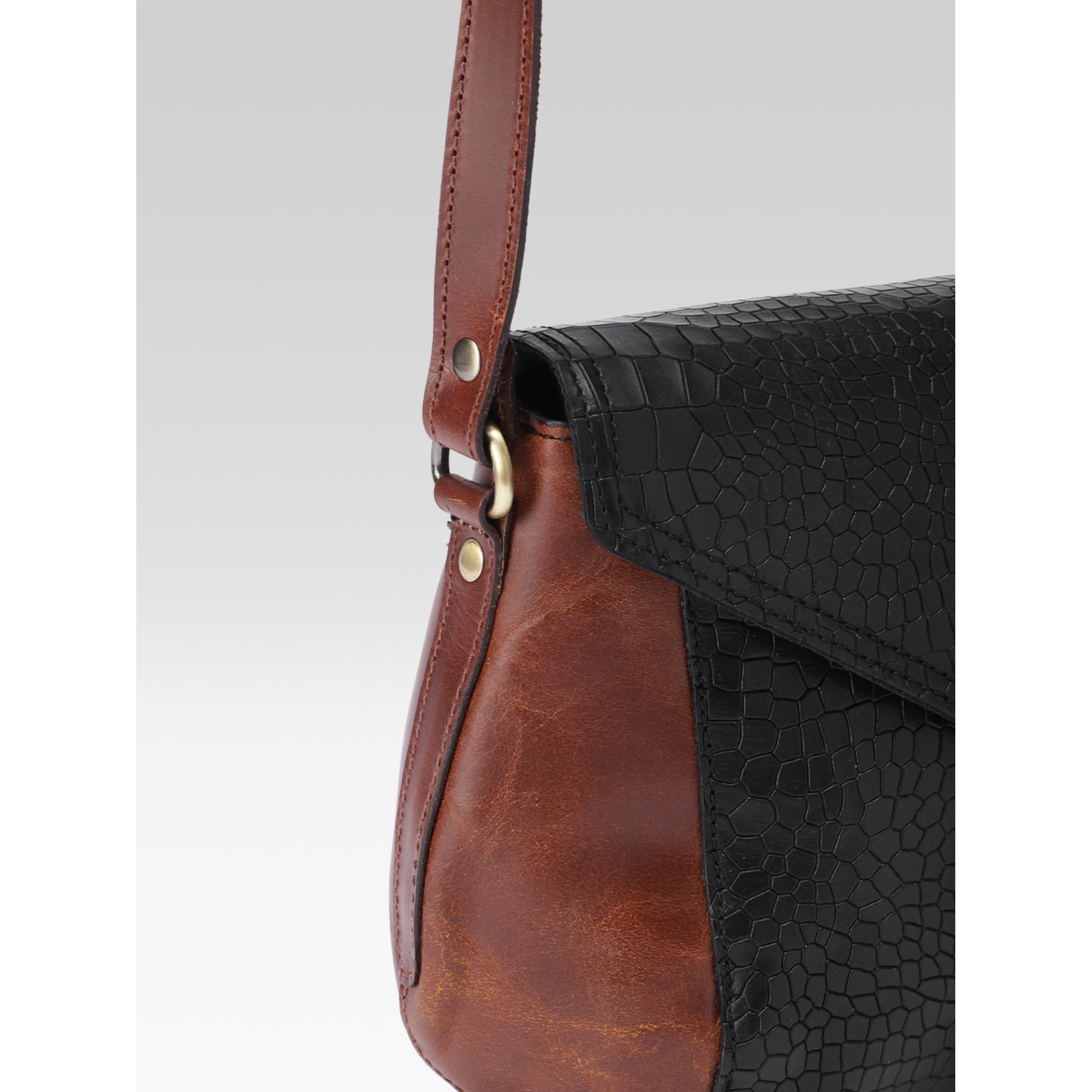 Women Leather Crossbody Sling Bag Black and Brown Croc Texture with Buckle Tab