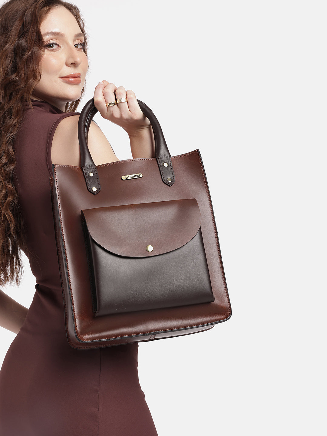Premium Genuine Leather Shopper Tote Bag with Front Pocket and Dual Handles