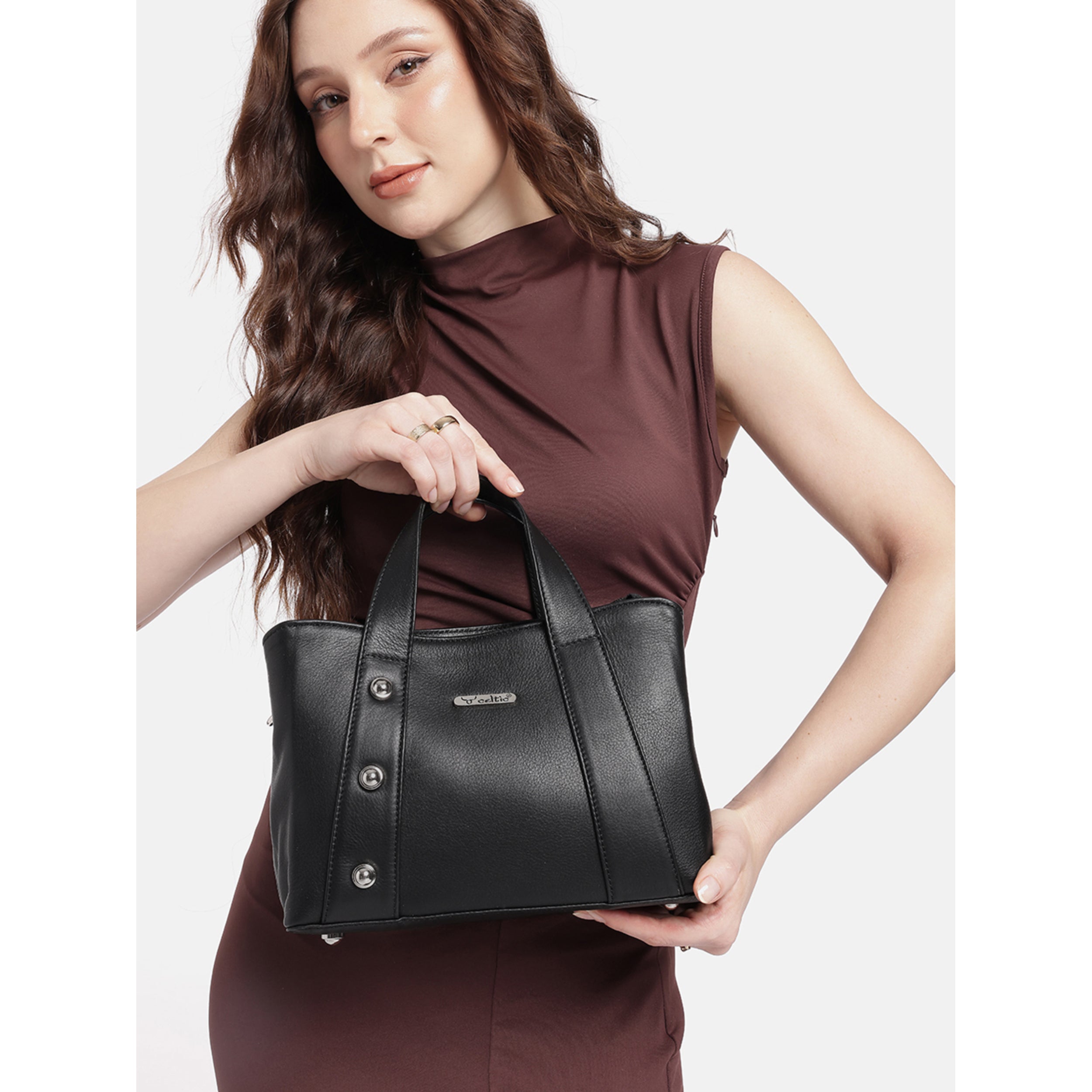 Premium Structured Leather Handbag with Dual Carry Handles, Adjustable Strap & Zip Pocket